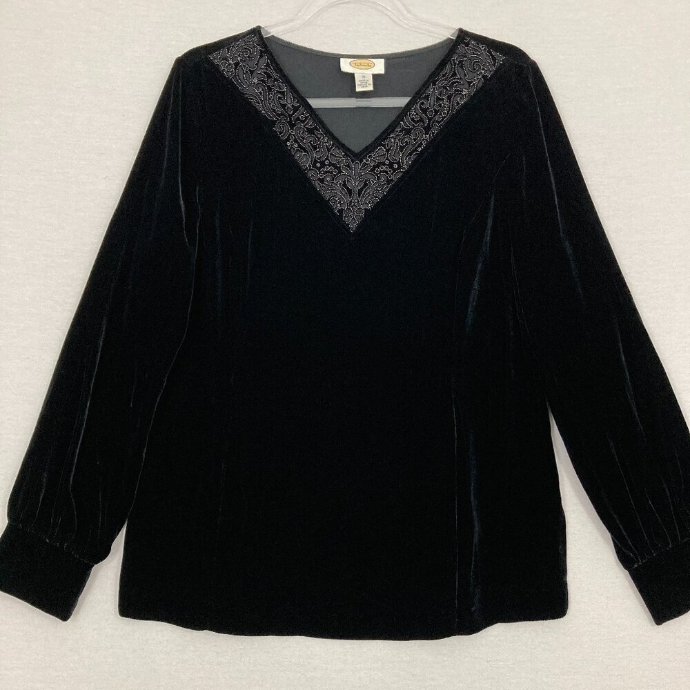 Vintage Talbots V Neck Black Velvet Silk Blend Long Sleeve Pullover Top size 10